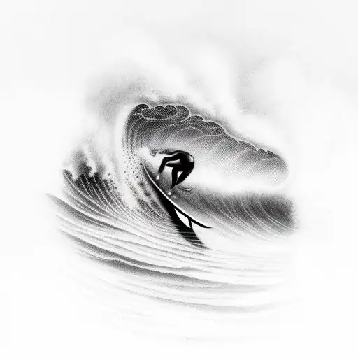 A Realistic Black And Grey Portrait Of A Famous Surfer Riding A Massive Wave