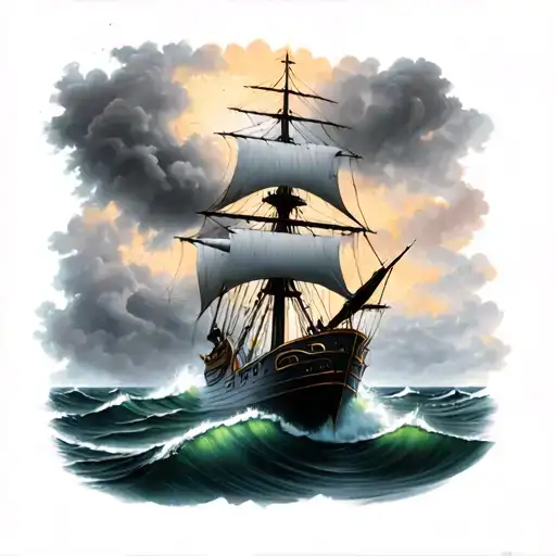 Old Dark Ship Sailing Through Stormy Seas