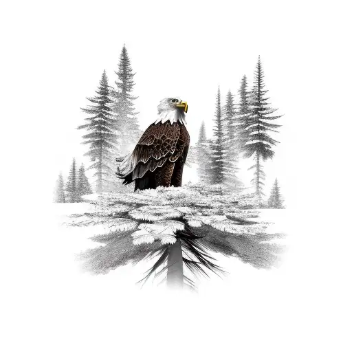 Eagle With Pine Trees And Mountain In Background