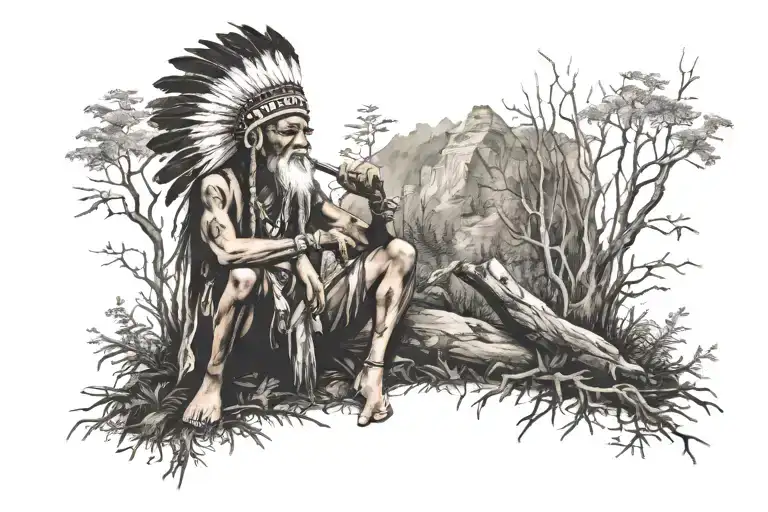 Indian In Traditional Head Dress Sitting In The Woods Smoking A Piece Pipe