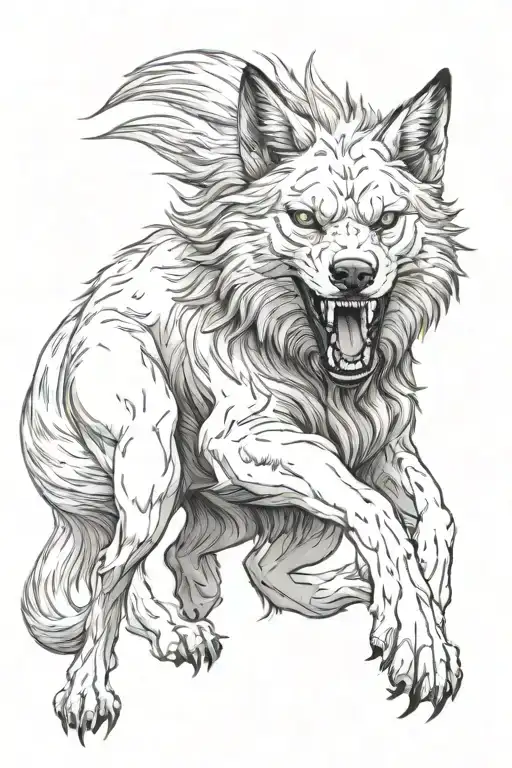 Realistic Black And White Fenrir Tattoo Design