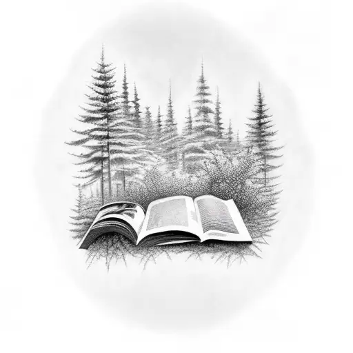 A Serene Forest Scene With A Bookshelf Nestled Among The Trees