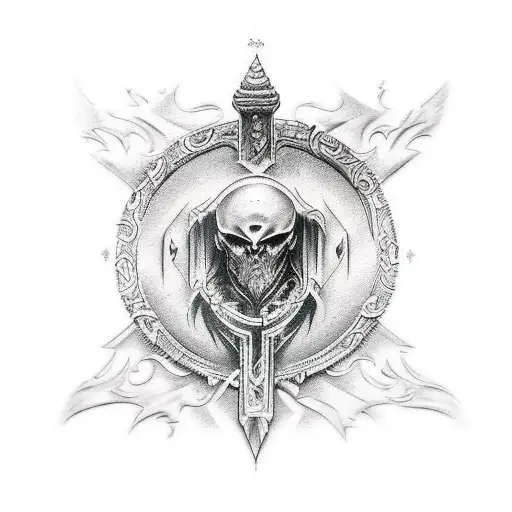 Design A Tattoo That Combines Elements Of Greek Mythology And Heavy Metal Music In A Dotwork Style