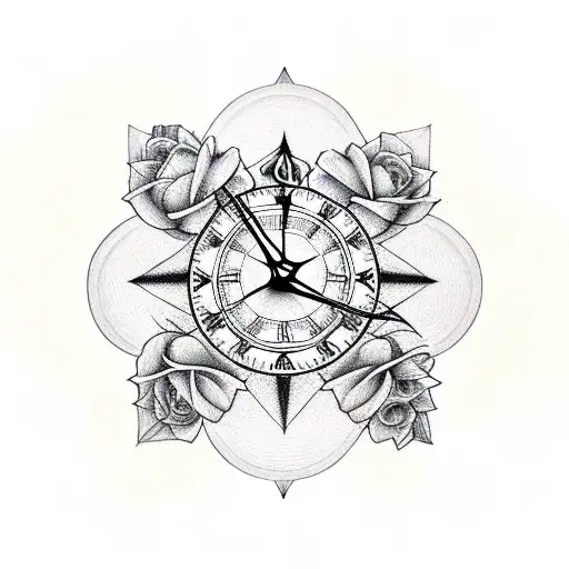 Two Roses Intertwined With A Clock And A Compass