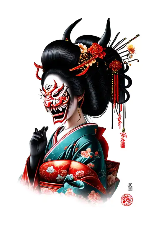 Japanese Geisha Portrait With Oni Demon Mask Holding