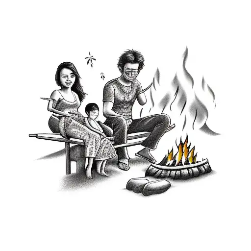 A Family Gathering Around A Campfire On A Tropical Beach