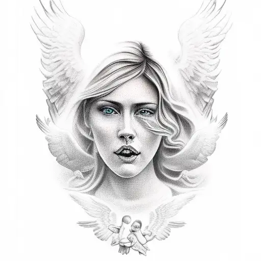 Women Portrait With Angels And Doves