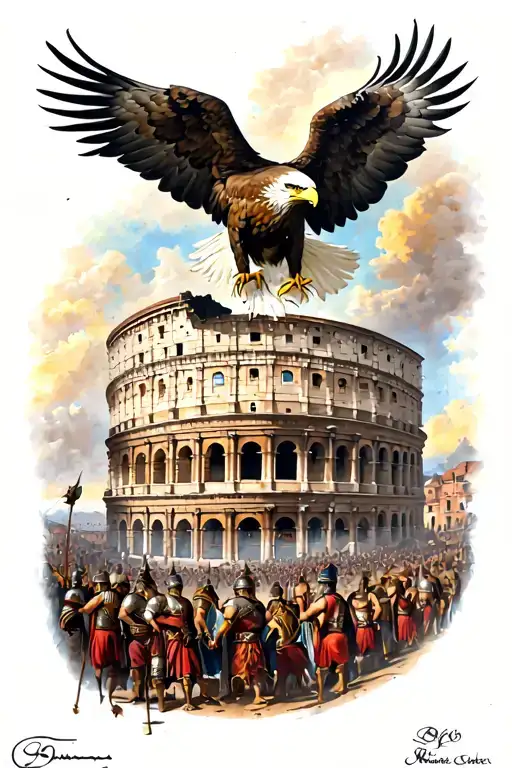 Eagle Perched Atop The Colosseum Surrounded By Gladiators