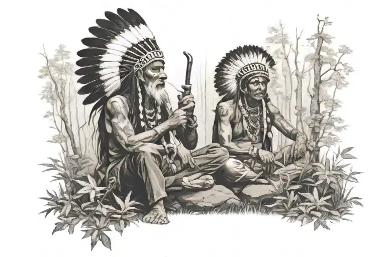 Indian In Traditional Head Dress Sitting In The Woods Smoking A Piece Pipe