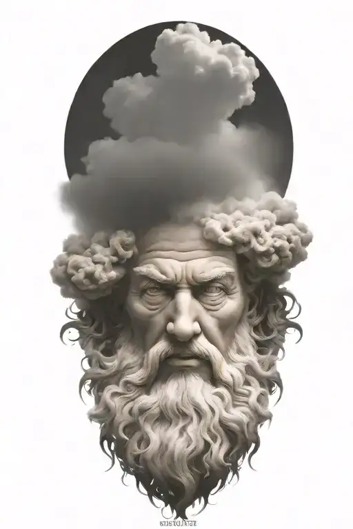 Zeus Face Raging Storm Clouds And Hour Glass