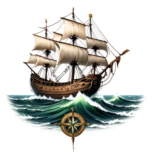 Viking Longship Sailing Through Stormy Seas With A Vegvisir Compass Guiding The Way