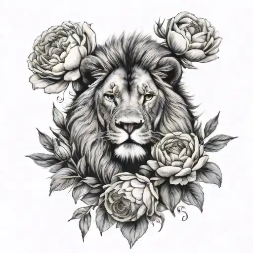 Lion With Peonies In Realism