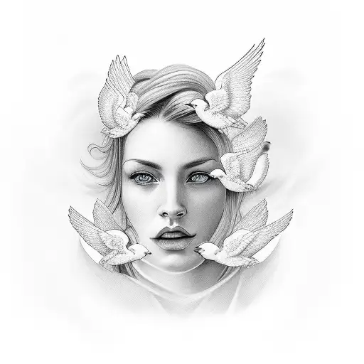 Women Portrait With Angels And Doves