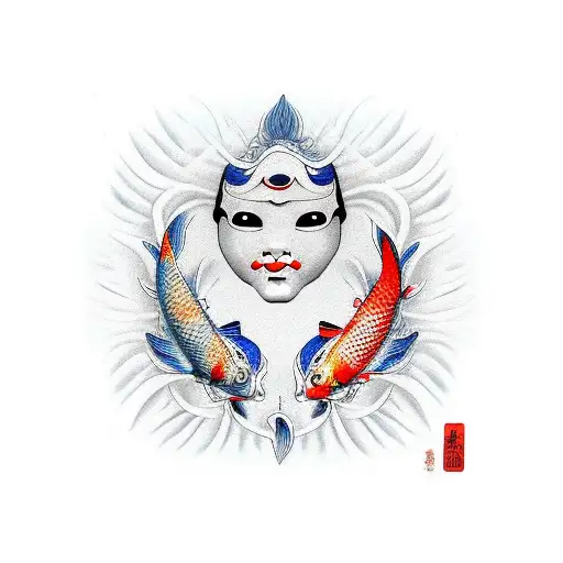 Koi Fish Transforming Into A Geisha Mask
