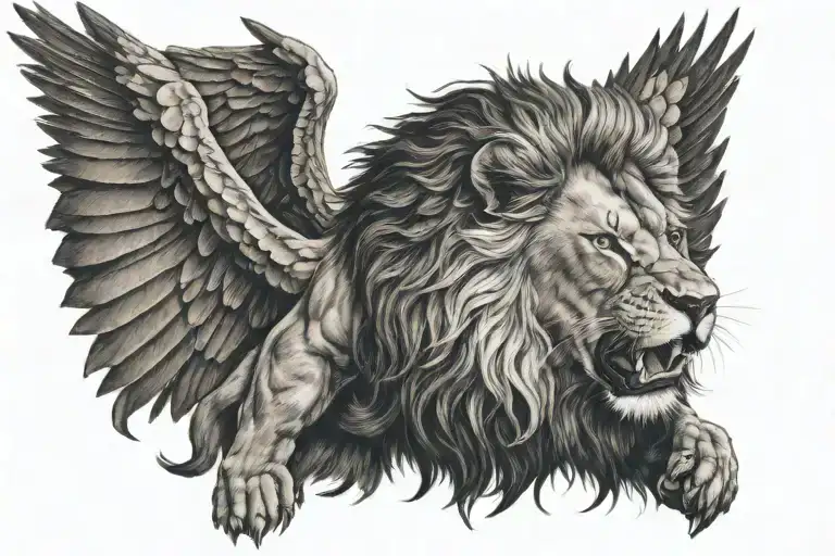 Lion Roaring Fiercely With Wings Flying