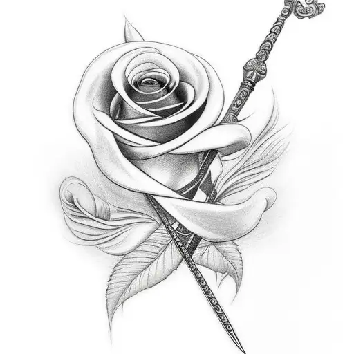 Vertical Sword With Roses Winding Up The Sword