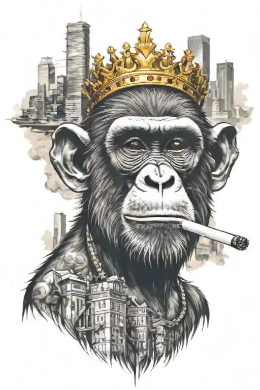 Stylish Monkey With Crown Smoking Joint In A City Skyline Background With Helicopter On Top