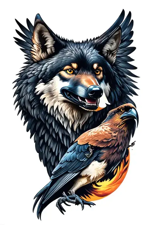 Raging Wolf And Raven Perched