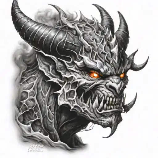 Realistic Black And White Surtur Tattoo Design