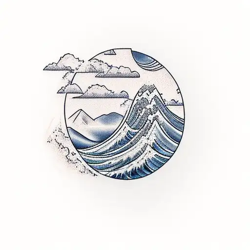 Ocean Wave With Mountains Rising Up To Two Doves