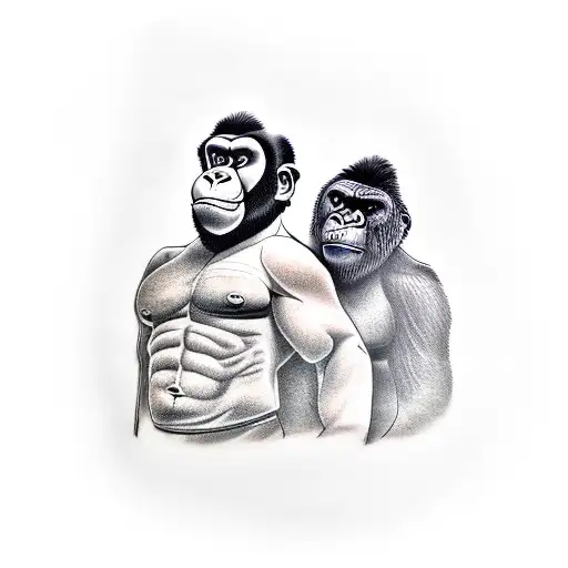 A Traditional Style Tattoo Of A Wrestling Match Between A Gorilla And A Chef