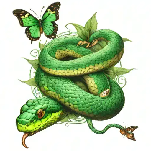 Green Snake With Butterfly