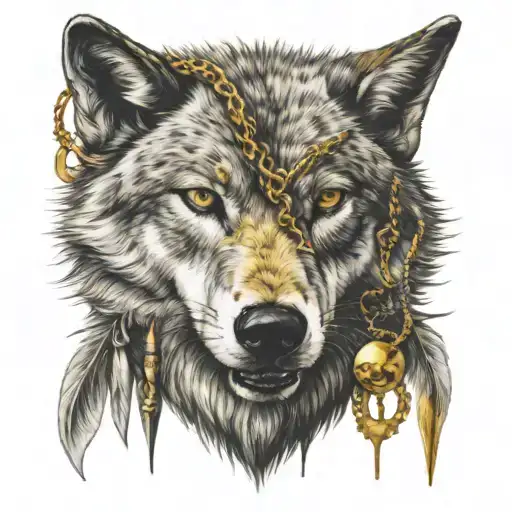 Lone Wolf Head Wearing A Gold Necklace