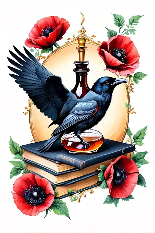 Raven And Potion Bottle And Books And Poppies And Belladonna
