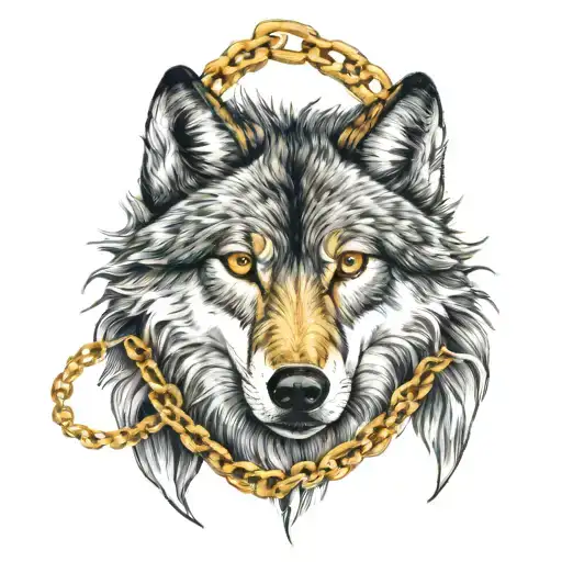Lone Wolf Head Wearing A Gold Chain