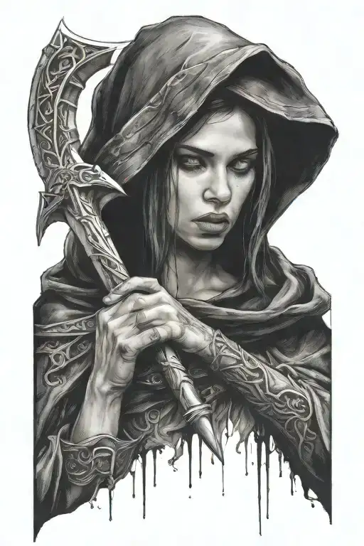 Dark Women With Black Hood And A Scythe In A Hand