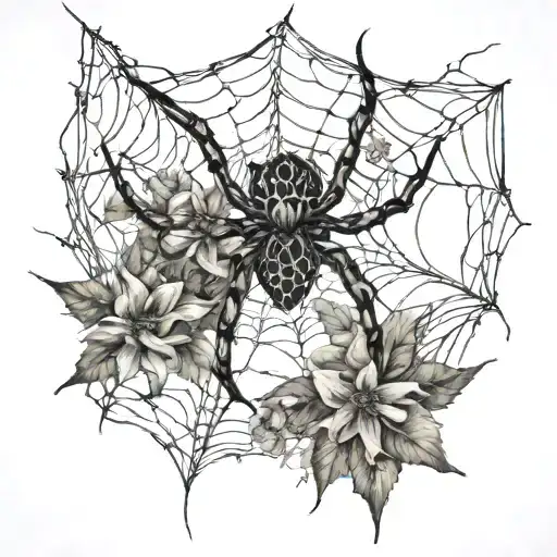 Spider Webs In Between Decaying Flowers And Leafs