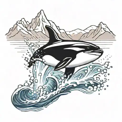 Orca Jumping Out Of The Water With Mountains In The Background