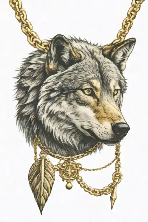 Lone Wolf Head Wearing A Gold Necklace