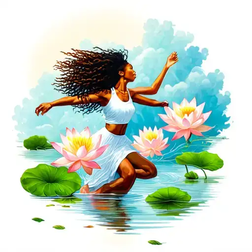 African American Woman With Sisterlocks Sprinting Out Of Lotus Flower In A Pond