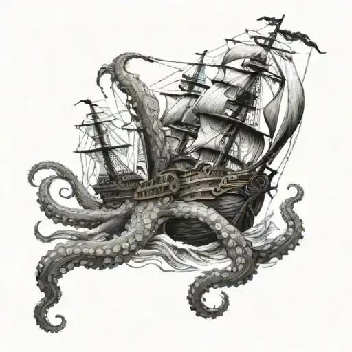 A Gigant Octopus Sinking A Pirate Ship In The Ocean