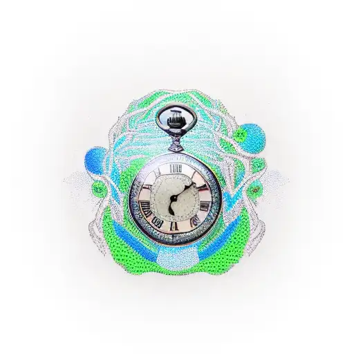 Large Tree With Roots Around An Old Fashioned Pocket Watch Green Blue Orange