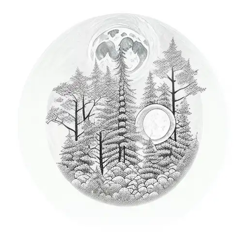 Black Forest With Bright Moon And A Green Diamond Stone In The Forest