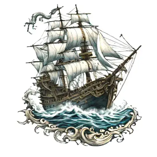 A Complete Kraken Destroying A Pirate Ship In The Ocean From A Right Side View