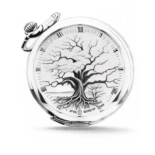 Large Tree With Roots Around An Old Fashioned Pocket Watch Green Blue Orange