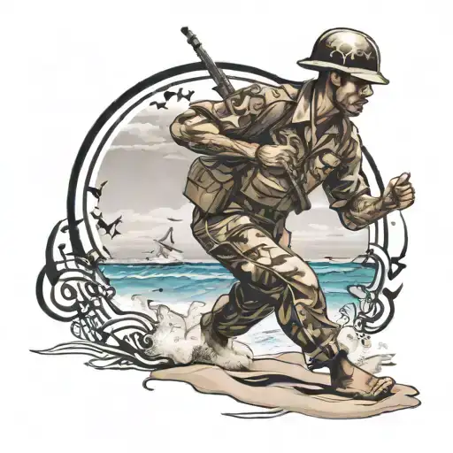 Design A Tattoo Of A Soldier Doing A Capoeira Move On The Beach With Musical Notes Floating Around