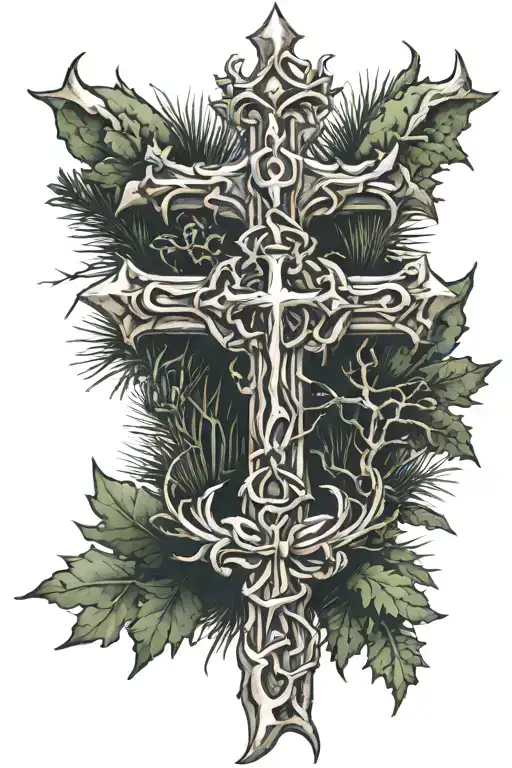 Cross With Crown Of Thorns And Evergreen Forest In Background