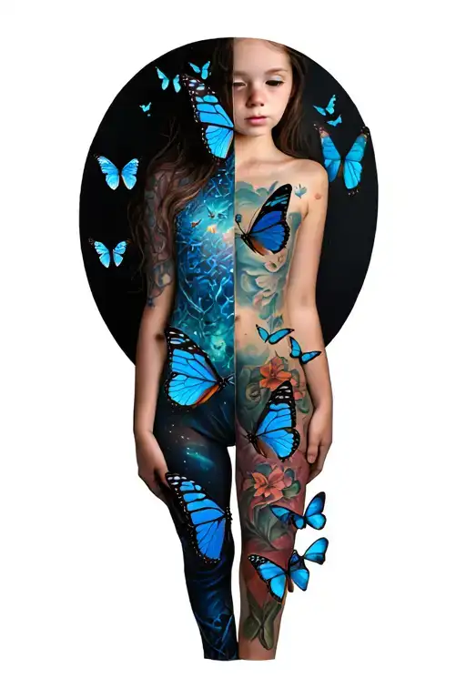 Full Body Of Girl Standing As Half Of Her Body Becoming Butterflies Flying Away