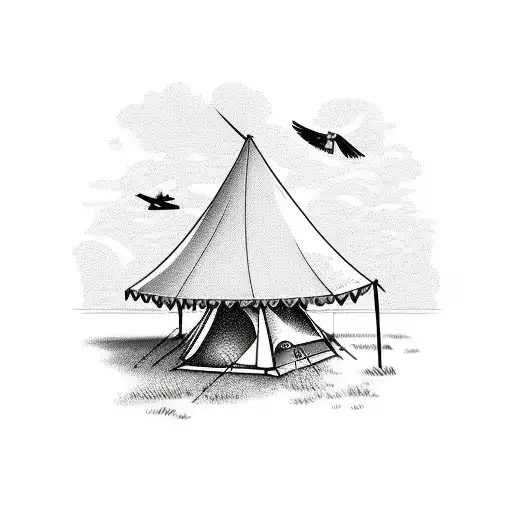 Camping Scene With Hawk Flying Above