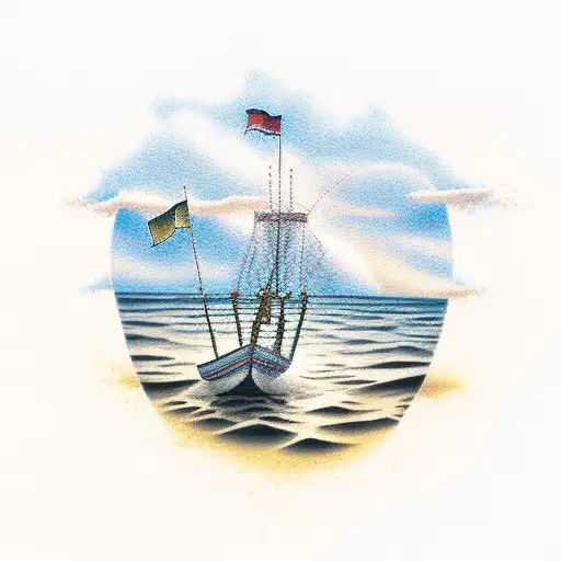 A Serene Beach Scene With A Fishing Boat In The Distance