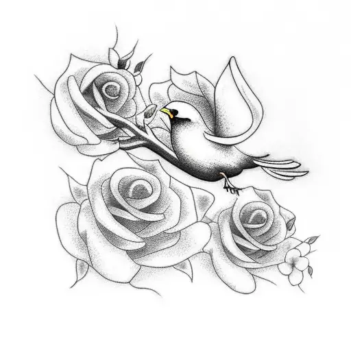 Birds Flying Around A Tree With Roses