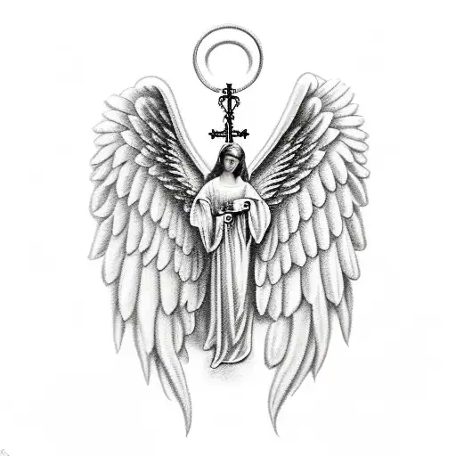 Angel With Christian Cross And Majestic Angel Wings