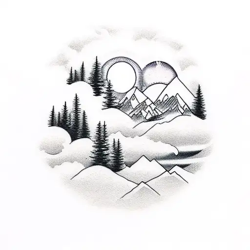 Mountains With Sun Behind And Pine Trees