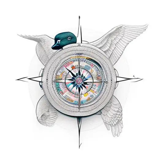 Travelers Compass With River At The Bottom And Duck Flying Over