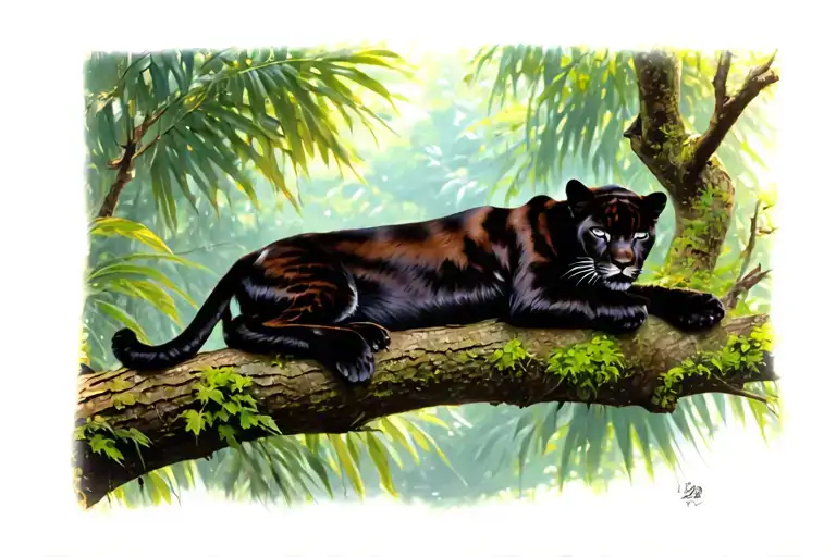 Panther Lying On A Tree Limb In The Jungle Background