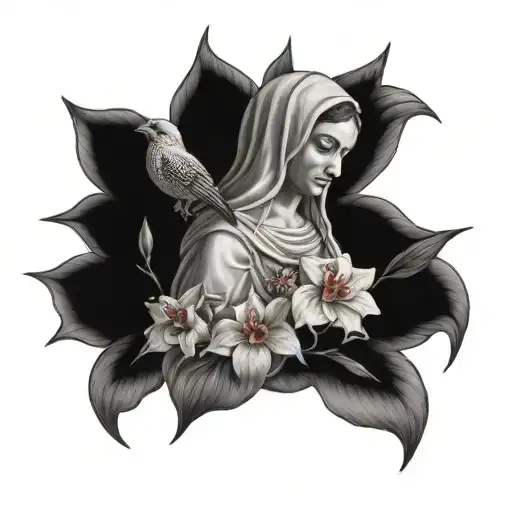 Virgin Mary Holding Orchids With Bird On Her Shoulder